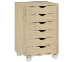 HOMCOM 6 Drawer Vertical File Cabinet, Mobile Filing Cabinet with Quiet Drawers and Wheels with 2 Brakes, Oak Wood Effect