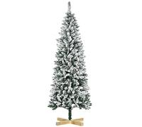 HOMCOM 6 Ft Snow Flocked Artificial Christmas Tree, Xmas Pencil Tree with Realistic Branches, Auto Open, Pinewood Base, Green