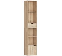 HOMCOM 6-Tier Bookcase, Tall Narrow Bookshelf with Drawer and Door - Natural Wood Finish