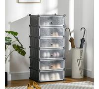 HOMCOM 6-Tier Shoe Rack Organiser, Stackable Storage Boxes with Doors, Shoe Storage Cabinet for Living Room, Entryway, Hallway, Black