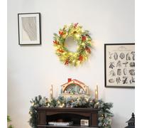 HOMCOM 60cm / 24inch Prelit Christmas Wreath with 30 Warm White LEDs, Timer, Battery Operated, Door Wreath with All Realistic Branches, Pine Cones and Berry Clusters for Home Decor, Green and White