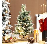 HOMCOM 60 cm Prelit Small Christmas Tree, Snow Flocked Tabletop Mini Xmas Tree with 35 LED Lights, Pine Cones and Linen Cover Base, Battery Operated, Green