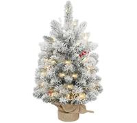 HOMCOM 60 cm Prelit Small Christmas Tree 35 LED Lights Snow Flocked Green | Tabletop Mini Xmas Tree, 72 Dense Branches, Pine Cones, Berry Clusters, Linen Cover Base, Battery Operated