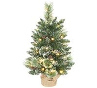 HOMCOM 60 cm Prelit Small Christmas Tree, Snow Flocked Tabletop Mini Xmas Tree with 35 LED Lights, Pine Cones and Linen Cover Base, Battery Operated, Green