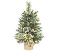 HOMCOM 60 cm Prelit Small Christmas Tree, Snow Flocked Tabletop Mini Xmas Tree with 35 LED Lights, Pine Cones and Linen Cover Base, Battery Operated, Green