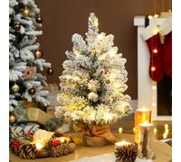 HOMCOM 60 cm Prelit Small Christmas Tree with 35 LED Lights, Snow Flocked Tabletop Mini Xmas Tree with 72 Dense Branches, Pine Cones, Berry Clusters and Linen Cover Base, Battery Operated, Green