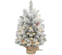 HOMCOM 60 cm Prelit Small Christmas Tree with 35 LED Lights, Snow Flocked Tabletop Mini Xmas Tree with 72 Dense Branches, Pine Cones, Berry Clusters and Linen Cover Base, Battery Operated, Green