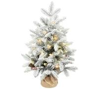 HOMCOM 60 cm Prelit Small Christmas Tree with 35 LED Lights, Snow Flocked Tabletop Mini Xmas Tree with Pine Cones, Berry Clusters and Linen Cover Base, Battery Operated, Green