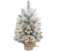 HOMCOM 60 cm Prelit Small Christmas Tree with 35 LED Lights, Snow Flocked Tabletop Mini Xmas Tree with 72 Dense Branches, Pine Cones, Berry Clusters and Linen Cover Base, Battery Operated, Green