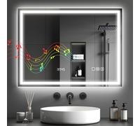 HOMCOM 600 x 800 mm Bluetooth LED Bathroom Mirror, Illuminated Backlit Vanity Mirror with 3 Colours Dimmable, Clock, Anti-Fog, Memory Function, Touch Sensor, IP44