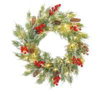 HOMCOM 60cm / 24inch Prelit Christmas Wreath 30 LEDs Timer Green and White | Warm White LEDs, Battery Operated, Door Wreath, All Realistic Branches, Pine Cones, Berry Clusters, Home Decor