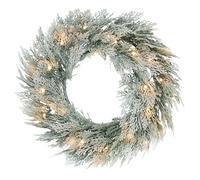 HOMCOM 60 cm Prelit Christmas Wreath, Flocked Front Door Wreath with Timer - Green, White, Silver Tone