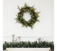 HOMCOM 60cm Christmas Wreath with LED Lights Pine Cones Red Berries Green
