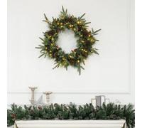 Homcom 60Cm Christmas Wreath With Led Lights Pine Cones Red Berries Green