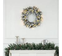 Homcom 60Cm Flocked Christmas Wreath With Lights Pine Cones Berries Green