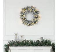 Homcom 60Cm Flocked Christmas Wreath With Lights Pine Cones Berries Green Green