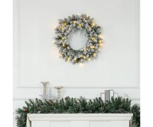 Homcom 60Cm Flocked Christmas Wreath With Lights Pine Cones Berries Green