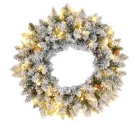 HOMCOM 60cm Flocked Christmas Wreath With Lights Pine Cones Red Berries Green, Green