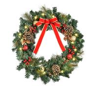 HOMCOM 60cm Pre-Lit Artificial Christmas Door Wreath Holly Pine Cones | LED Decor, Hanging, Glittered, Festival Indoor Decoration