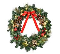 HOMCOM 60cm Pre-Lit Artificial Christmas Door Wreath Holly Pine Cones | LED Decor, Hanging, Glittered, Festival Indoor Decoration
