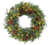 HOMCOM 60cm Pre-Lit Christmas Wreath for Front Door with LED Lights Green | Pine Cones, Red Berries, Winter Wreath for Windows, Wall Decoration