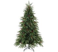 HOMCOM 6ft Artificial Christmas Tree with Pinecones, Red Berries, Hinged Predecorated Xmas Tree with 2843 Branch Tips