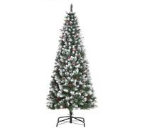 HOMCOM 6FT Artificial Christmas Tree Xmas Pencil Tree Red Berries Green | Pinecones, Holiday Home Indoor Decoration, Foldable Feet