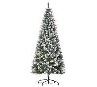 HOMCOM 6FT Artificial Christmas Tree Xmas Pencil Tree Red Berries Green | Pinecones, Holiday Home Indoor Decoration, Foldable Feet