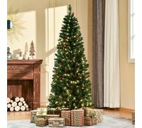 HOMCOM 6FT Prelit Artificial Pencil Christmas Tree with Warm White LED Light, Red Berry, Holiday Home Xmas Decoration, Green