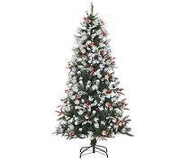 HOMCOM 6FT Artificial Snow Dipped Christmas Tree Xmas Pencil Tree Holiday Home Party Decoration with Foldable Feet Red Berries White Pinecones, Green