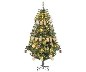 HOMCOM 6ft Pre Lit Artificial Christmas Tree Holiday Décor with 150 Warm White LED Lights and 650 Tips, Banner, Ball, Tag, Tree Decoration, Auto Open