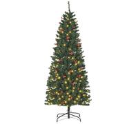 HOMCOM 6FT Prelit Artificial Pencil Christmas Tree with Warm White LED Light, Red Berry, Holiday Home Xmas Decoration, Green