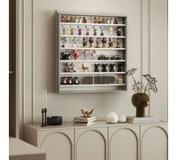 HOMCOM 7-Tier Wall Display Cabinet w/ Glass Doors, Graphite Wood Effect - 83H x 80W x 9.5D cm - Display Cabinet - Grey