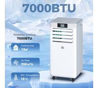 HOMCOM 7000 BTU Air Conditioning Unit, 3-in-1 Portable Air Conditioner, Dehumidifier, Cooling Fan with Remote Control, LED Display, 2 Speeds, 24H Timer, Window Venting Kit, 15m² White