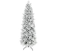 HOMCOM 7ft Flocked Christmas Tree, Hinged Pencil Christmas Tree with Realistic Branches, Easy Assembly, Slim Shape, Artificial Xmas Home Decoration, Green White