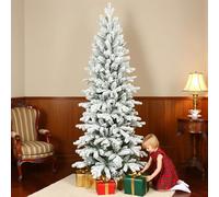 HOMCOM 7ft Flocked Christmas Tree, Hinged Pencil, Narrow, Green White