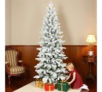 HOMCOM 7ft Flocked Christmas Tree, Hinged Pencil, Narrow, Green White | Christmas Tree with 972 Tips, Realistic Branches, Easy Assembly, Artificial Xmas Home Decoration