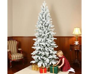 HOMCOM 7ft Flocked Christmas Tree, Hinged Pencil, Narrow, Green White | Christmas Tree with 972 Tips, Realistic Branches, Easy Assembly, Artificial Xmas Home Decoration