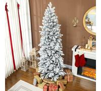 HOMCOM 7ft Flocked Christmas Tree, Hinged Pencil, Narrow, Green White