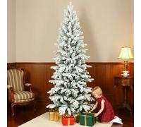 HOMCOM 7ft Pencil Christmas Tree with Snow, Realistic Tips, Easy Assembly - Green - 7ft