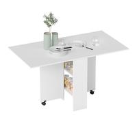 HOMCOM Folding Dining Table, Drop Leaf Table for Small Spaces with 2-tier Shelves, Small Kitchen Table with Rolling Casters, White