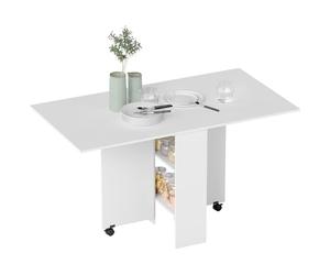 HOMCOM 80-140 cm Folding Dining Table for 4-6 People, Drop Leaf Table with 2-Tier Shelves, Rolling Casters, for Small Spaces, Kitchen, Flat, Dining Room, White