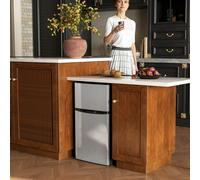 HOMCOM 88L Under Counter Fridge Freezer with 5-Setting Thermostat, Small Fridge with Light, 2 Reversible Doors, Removable Shelves and Ice Box, 3 Star Freezer Rating, E Rated, Black and Silver Tone