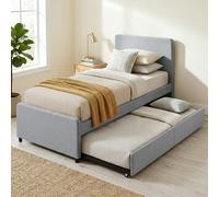HOMCOM 90 x 190 cm Upholstered Single Bed, Pull Out Trundle Bed, Light Grey