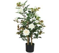 HOMCOM 90cm Artificial Rose Tree, Decorative Fake Plant with 344 Silk Leaves and 17 Flowers, UV-Resistant Faux Tree for Outdoor Indoor Garden Porch Decor, White