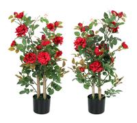 HOMCOM 90cm Artificial Rose Tree Set of 2, Decorative Fake Plant with 344 Silk Leaves 17 Flowers for Outdoor Indoor Decor, Red