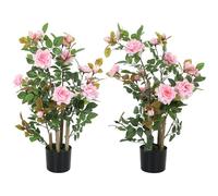 HOMCOM 90cm Artificial Rose Tree Set of 2, Decorative Fake Plant with 344 Silk Leaves and 17 Flowers, UV-Resistant Faux Tree for Outdoor Indoor Garden Porch Decor, Pink
