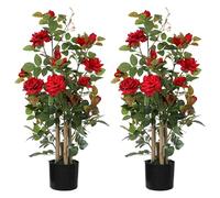 HOMCOM 90cm Artificial Rose Trees Set of 2 Fake Plants UV-Resistant, Red