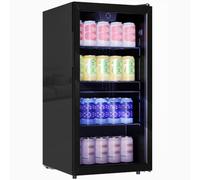 HOMCOM 93L Drinks Fridge 115 Can Under Counter Beer Fridge Glass Door Black | Freestanding, Adjustable Shelves, LED Light, Temperature Control, for Beer Soda Drink Home Bar