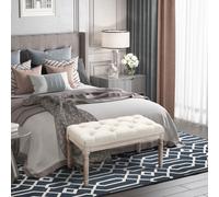 HOMCOM Accent Bench Button Tufted Upholstered Foot Stool Linen Touch Cream, Cream